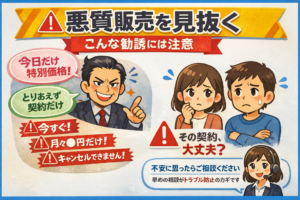イメージ：悪質販売を見抜く — こんな勧誘には注意 —