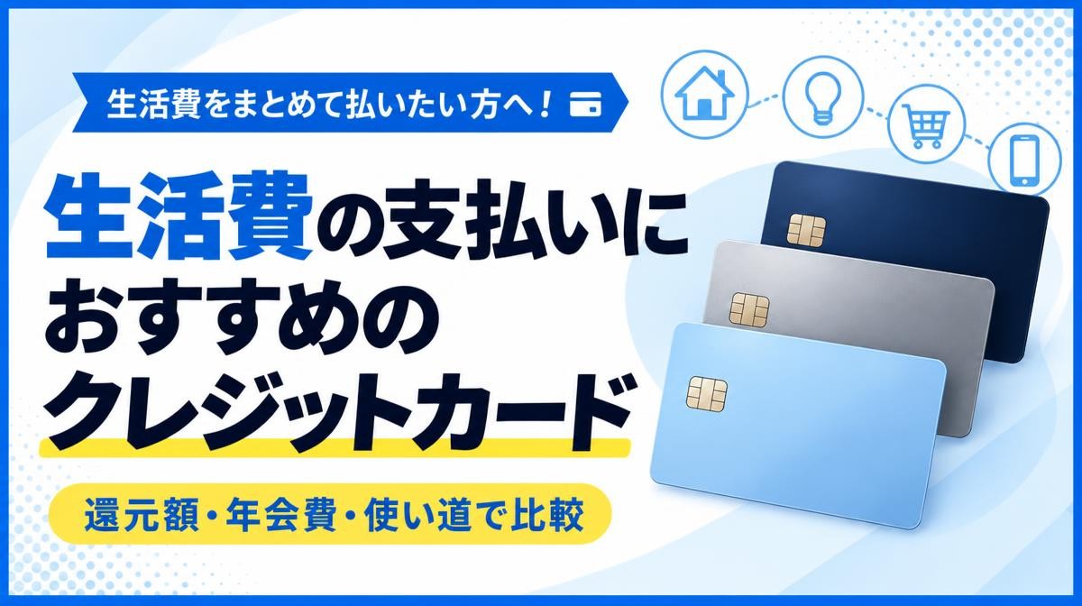 生活費の支払いにおすすめのクレジットカード｜「生活費をまとめて払いたい方へ！」「還元額・年会費・使い道で比較」の文字と無地のカード3枚、家・電球・カート・スマホのアイコン