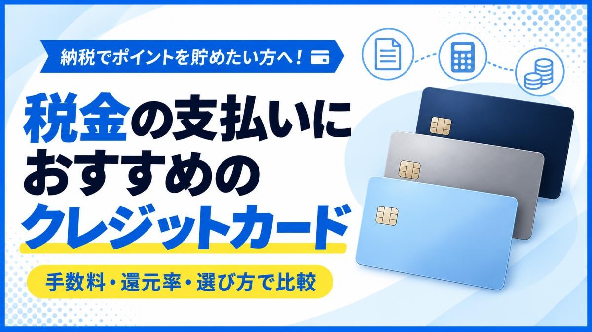 税金の支払いにおすすめのクレジットカード|納税でポイントを貯めたい方へ!手数料・還元率・選び方で比較の文字と無地のカード3枚、書類・電卓・コインのアイコン